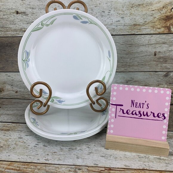 Corelle By Corning BLUE WREATH White Blue Green Design Salad Plates USA Set 4 - Picture 1 of 8